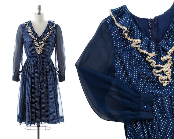 Vintage 1970s Dress | 70s Polka Dot Navy Blue Cot… - image 1