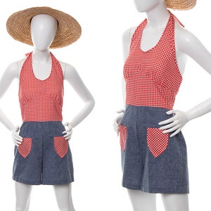Vintage 1970er Jahre Romper | 70er Jahre Vichy Karo Chambray Denim Neckholder Top rot blau Sommer Picknick Outfit (medium)