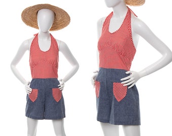 Vintage 1970s Romper | 70s Gingham Chambray Denim Halter Neck Shorts Red Blue Summer Picnic Outfit (medium)