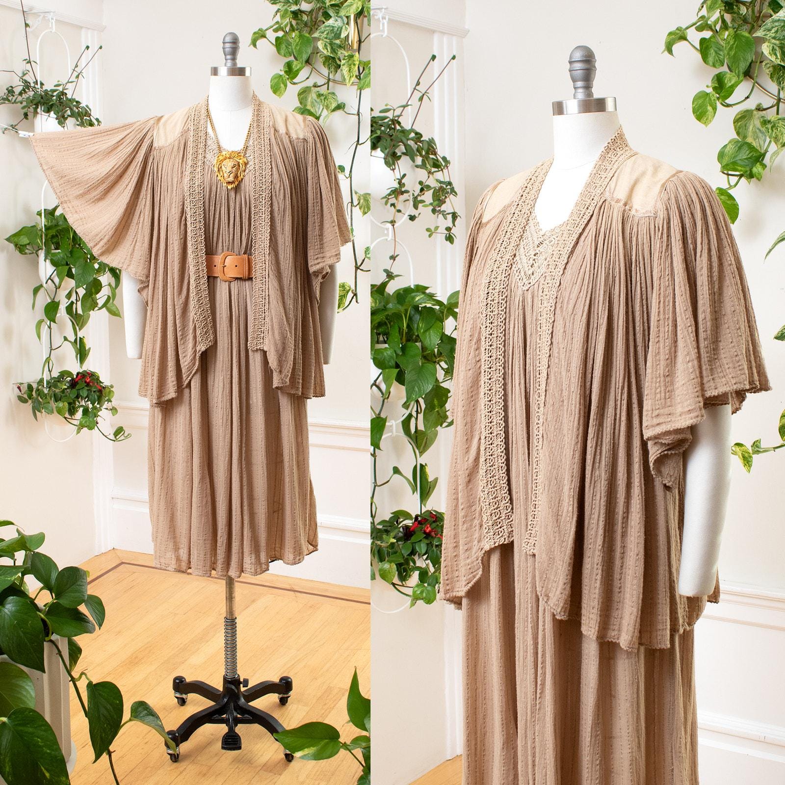 Vintage 1970s 1980s Dress Set | 70s 80s Cotton Gauze Crochet Earth Tone Beige Tan Trapeze Dress Jacket Boho | x-small/small/medium/large 