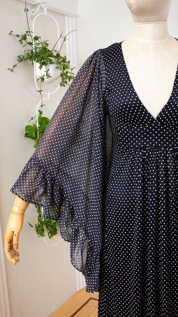 Vintage 1970s Maxi Dress | 70s Polka Dot Black Angel Sleeve Maxi Bohemian Goth Gown | x-small/small