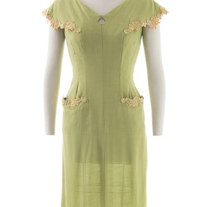 Vintage 1950s Dress 50s Linen Lace Light Green Beaded Rhinestones Wiggle Sheath Day Dress with Pockets small/medium image 2