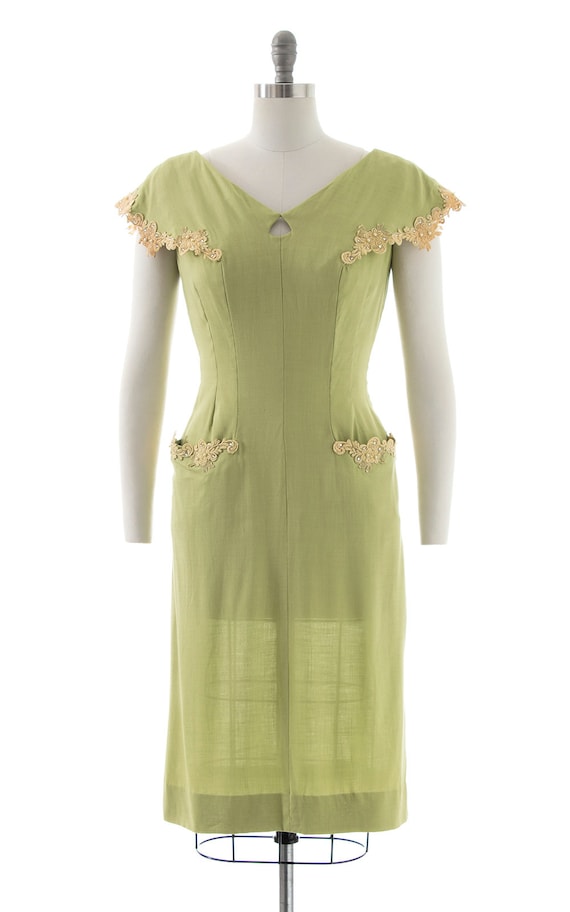 Vintage 1950s Dress | 50s Linen Lace Light Green … - image 2