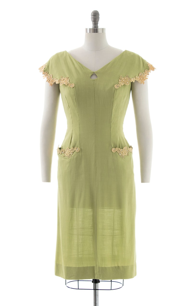 Vintage 1950s Dress 50s Linen Lace Light Green Beaded Rhinestones Wiggle Sheath Day Dress with Pockets small/medium image 2