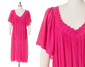 Vintage 1970s Dress | 70s Cotton Gauze Hot Pink Flutter Sleeve Embroidered Cutwork Boho Midi Day Dress (small/medium/large/x-large)