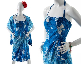 Vintage 1950s Sarong Dress & Wrap Set | 50s Kamehameha Style Hawaiian Floral Ombré Cotton Blue Halter Smocked Tiki Sundress (xs/small)