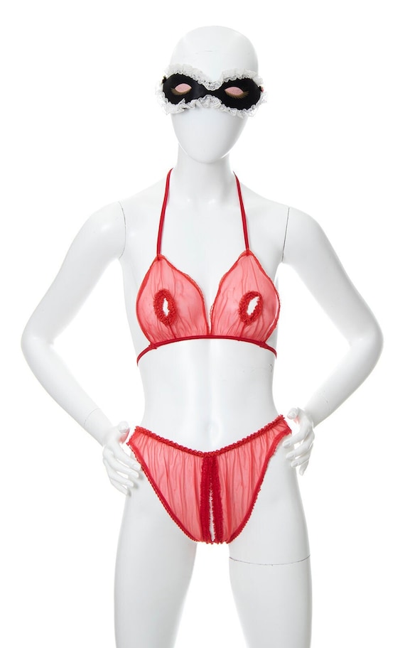 Vintage 1980s Lingerie | 80s Sheer Red Nylon Chiffon Crotchless Panty  Cutout Bra Risqué Two Piece Set (medium/large)