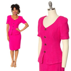 Vintage 1980s Skirt Set | 80s Hot Pink Matching Two Piece Blouse Top Pencil Skirt Secretary Suit (small/medium)