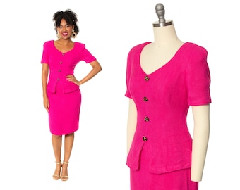 Vintage 1980s Skirt Set | 80s Hot Pink Matching Two Piece Blouse Top Pencil Skirt Secretary Suit (small/medium)