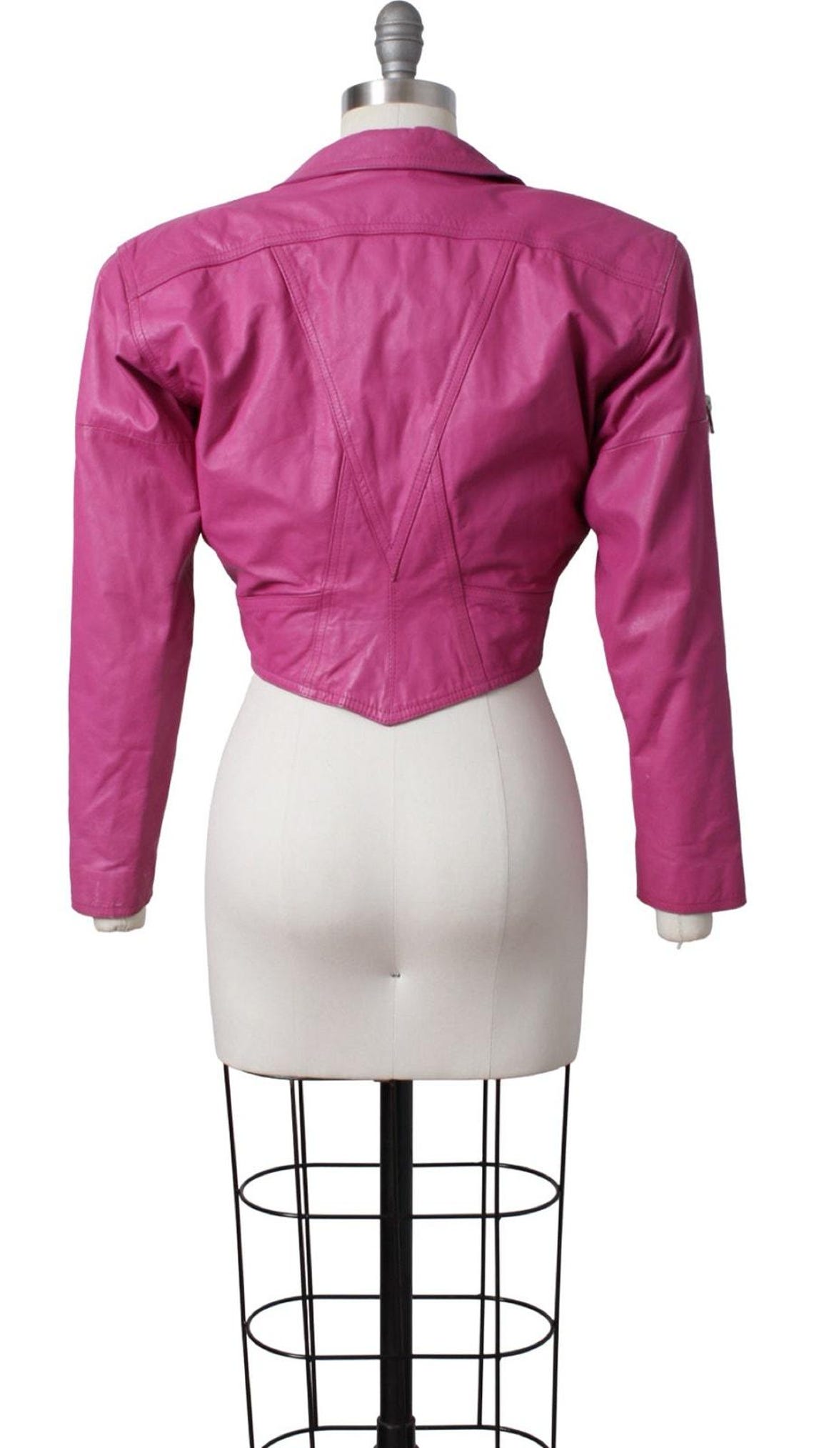 Vintage 1990s Jacket | 90s Hot Pink Genuine Leather Cropped Zippers Jacket | small, Foto 4 von 5