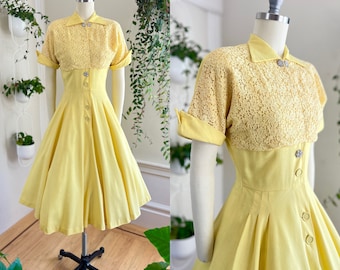 Vintage 1950s Shirt Dress | 50s Light Yellow Linen Lace Button Up Fit and Flare Midi Shirtwaist Tea Dress (x-small/small)