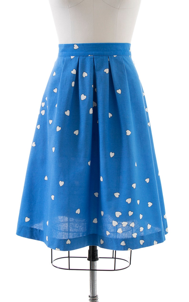 Vintage 1980s Skirt 80s Heart Printed Novelty Print Blue Cotton Pleated Full A-Line Skirt medium image 2