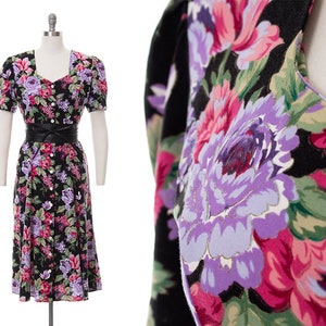 Vintage 1990s Shirtwaist Dress | 90s Metallic Floral Rose Printed Rayon Black Pink Fit and Flare Button Up Grunge Midi Dress (small/medium)