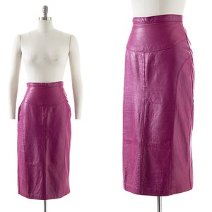 Vintage 1970s Pencil Skirt | 70s Purple Leather Buttery Soft High Waisted Midi Wiggle Skirt (small)
