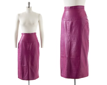 Vintage 1970s Pencil Skirt | 70s Purple Leather Buttery Soft High Waisted Midi Wiggle Skirt (small)