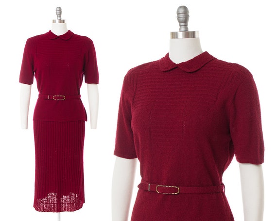 Vintage 1940s 1950s Knit Set | 40s 50s Burgundy Re