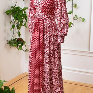 Vintage 1970s Maxi Dress | 70s ADINI Floral Indian Cotton Red Boho Printed Long Sleeve Maxi Dress | medium image 3