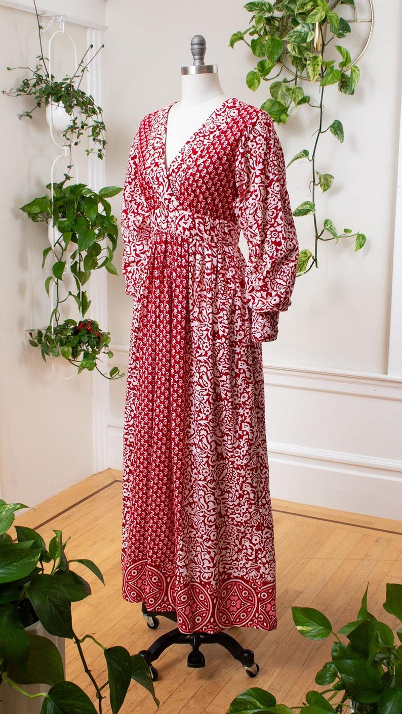 Vintage 1970s Maxi Dress | 70s ADINI Floral Indian Cotton Red Boho Printed Long Sleeve Maxi Dress | medium image 3