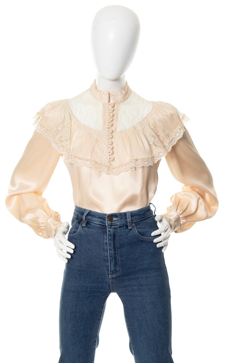 Vintage 1970s Blouse 70s GUNNE SAX Cream Satin Lace Victorian Revival Boho Long Sleeve Button Up Top medium image 2