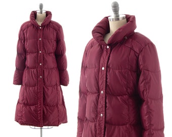 Vintage 1980s Puffer Coat | 80s Down Filled Quilted Purple Burgundy Full Length Long Winter Puffy Jacket (x-small/small)