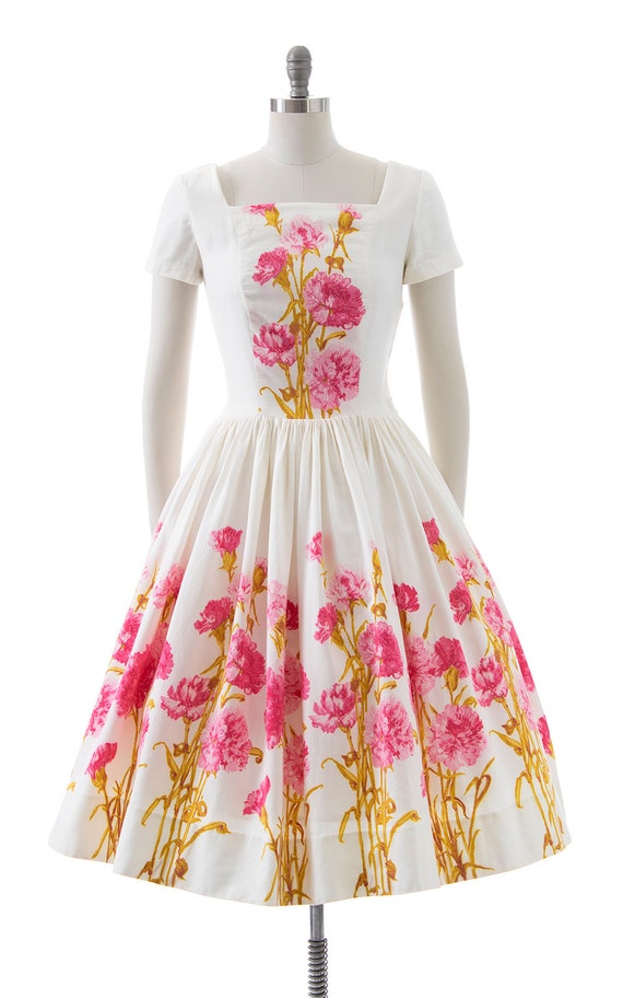 Vintage 1950s Dress | 50s Pink Carnations Floral … - image 2