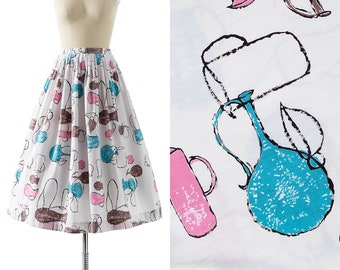 Vintage 1950s Skirt | 50s Vase Pottery Novelty Print Cotton White High Waisted Full Midi Skirt (x-small)