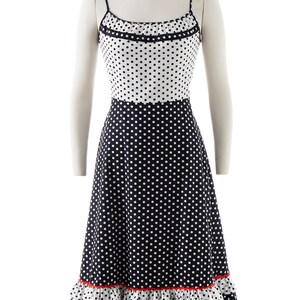 Vintage 1970s Sundress 70s does 1950s Polka Dot Color Black Cotton Tiered Spaghetti Strap Fit and Flare Day Dress small/medium image 3