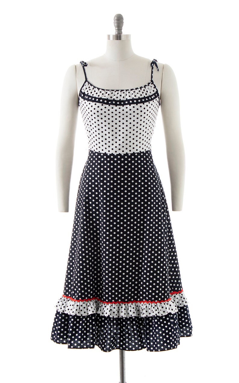 Vintage 1970s Sundress 70s does 1950s Polka Dot Color Black Cotton Tiered Spaghetti Strap Fit and Flare Day Dress small/medium image 3