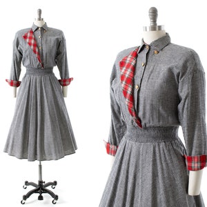 Vintage 1980s 1990s Shirt Dress 80s 90s CAROL ANDERSON Flannel Houndstooth Plaid Midi Full Skirt Pockets Winter Day Dress small/medium image 1