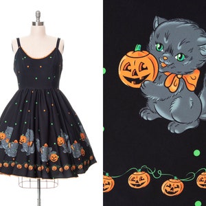 Modern 1950s Style Sundress | Halloween Cats Pumpkins Novelty Border Print Black Fit and Flare Day Dress with Pockets (large/x-large)