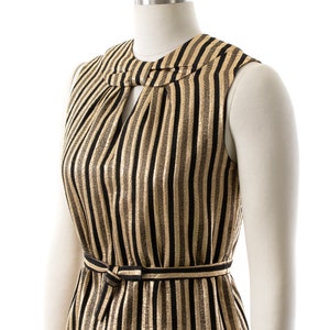 Vintage 1960s Dress 60s Striped Metallic Gold Black Keyhole Belted Shift Sleeveless Evening Holiday Party Dress small image 5