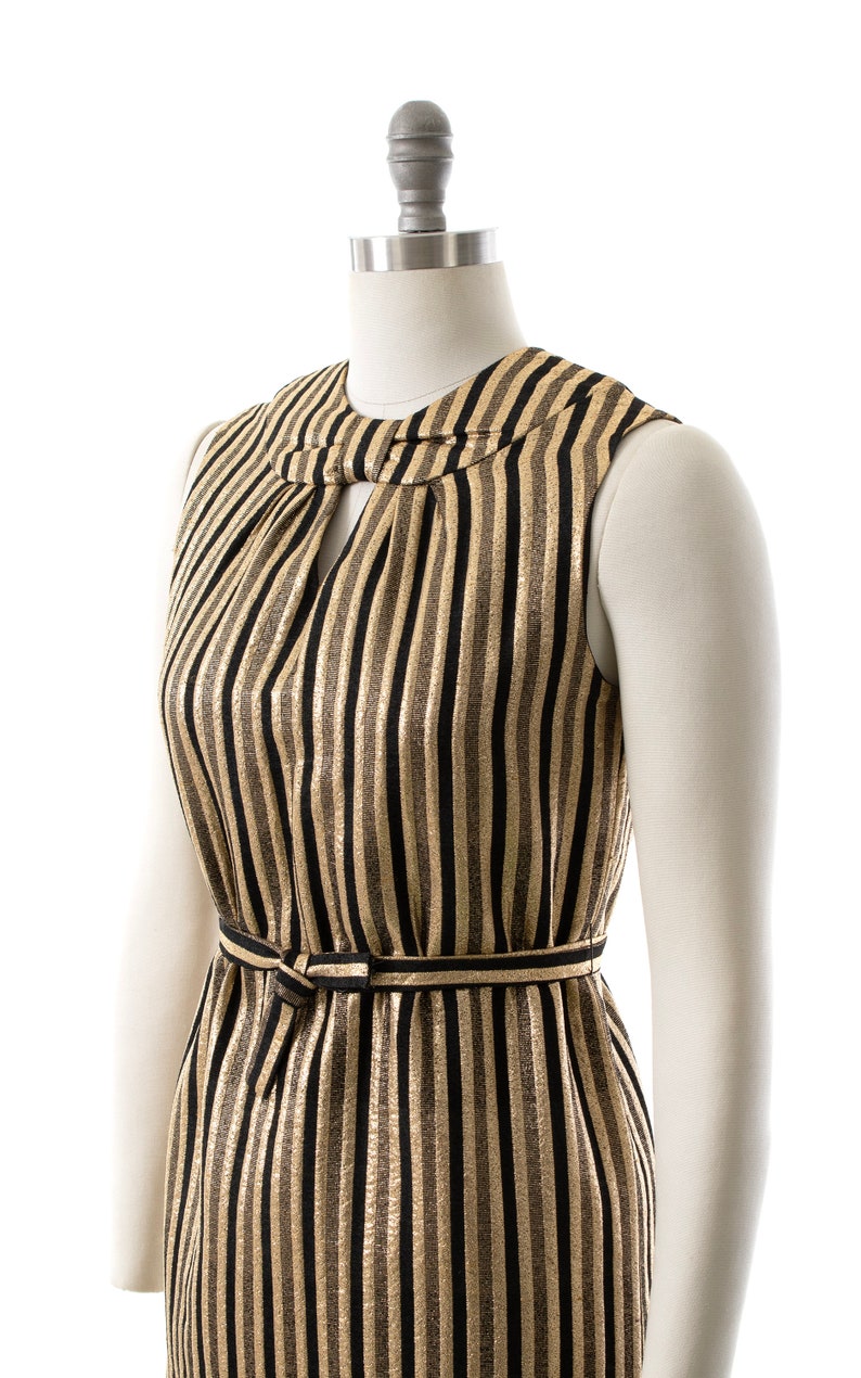 Vintage 1960s Dress 60s Striped Metallic Gold Black Keyhole Belted Shift Sleeveless Evening Holiday Party Dress small image 5