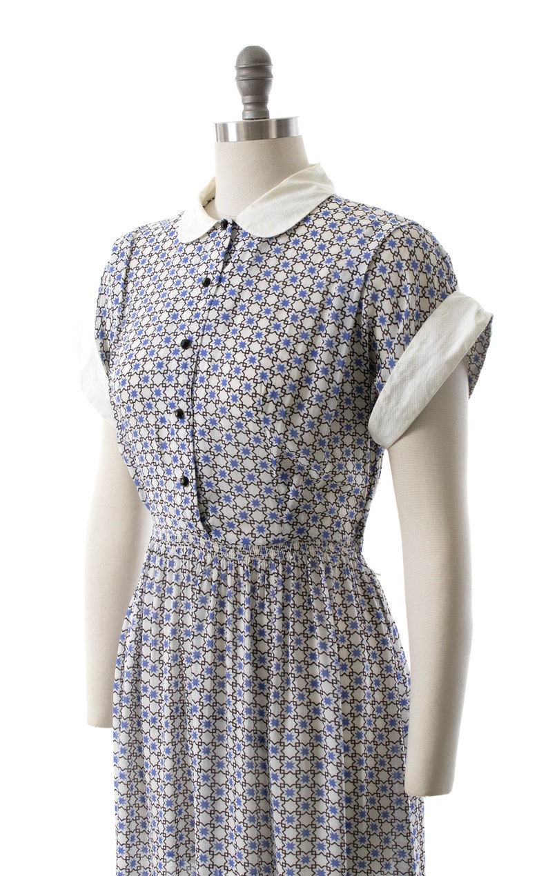 Vintage 1940s Shirt Dress 40s Cold Rayon Geometric Medallion Printed Peter Pan Collar Fit & Flare Shirtwaist Blue White Day Dress medium image 5
