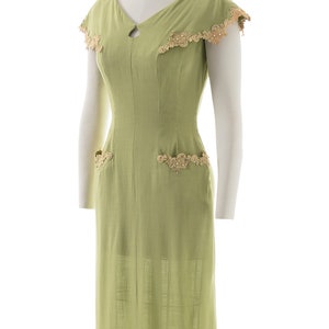Vintage 1950s Dress 50s Linen Lace Light Green Beaded Rhinestones Wiggle Sheath Day Dress with Pockets small/medium image 3