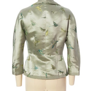 Vintage 1950s Jacket 50s Silk Satin Jacquard Butterfly Bug Novelty Print Tailored Sage Green Holiday Party Blazer x-small/small image 4