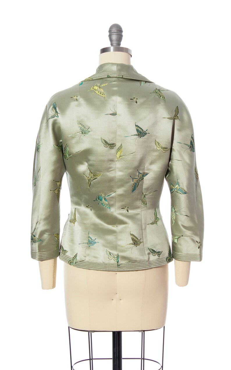 Vintage 1950s Jacket 50s Silk Satin Jacquard Butterfly Bug Novelty Print Tailored Sage Green Holiday Party Blazer x-small/small image 4