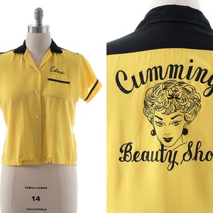 Vintage 1950s Bowling Shirt 50s Cummings Beauty Shop Rayon Color Block Chainstitch Edna Bowler's Team Uniform Blouse medium/large image 1