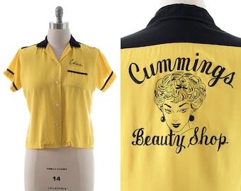 Vintage 1950s Bowling Shirt | 50s &quot;Cummings Beauty Shop&quot; Rayon Color Block Chainstitch &quot;Edna&quot; Bowler&#39;s Team Uniform Blouse (medium/large)