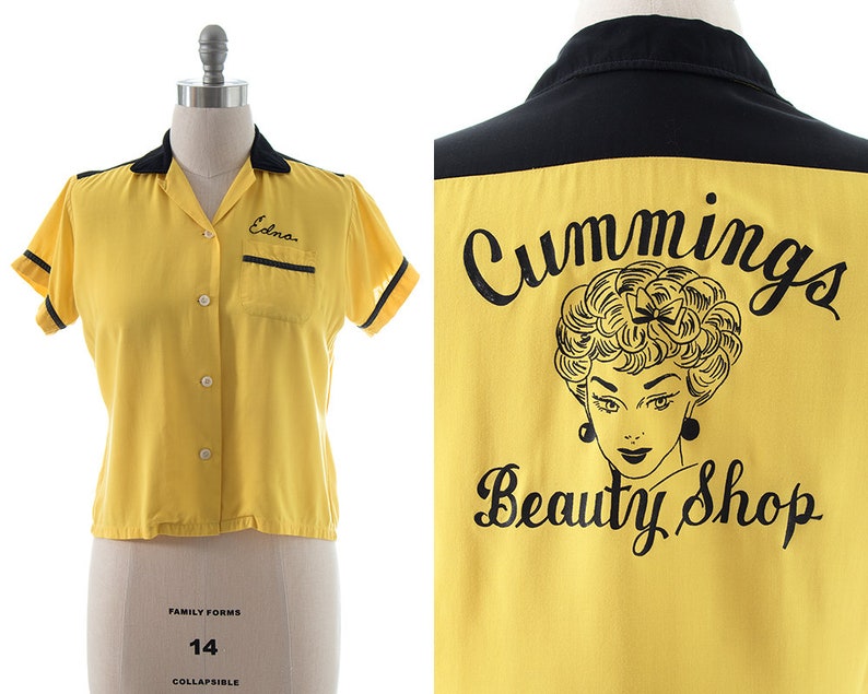 Vintage 1950s Bowling Shirt 50s Cummings Beauty Shop Rayon Color Block Chainstitch Edna Bowler's Team Uniform Blouse medium/large image 1