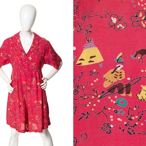 Vintage 1940s Romper | 40s Western Frontier Novelty Print Red Rayon Tie Waist Shorts Jumpsuit Playsuit (medium/large/x-large)