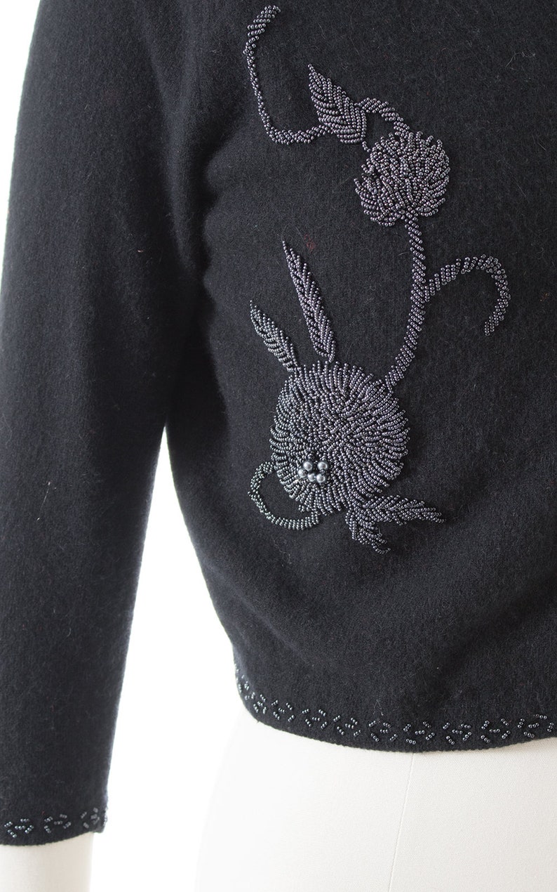 mediumlarge Vintage 1950s Cardigan 50s Floral Beaded Knit Black Wool Cropped Sweater