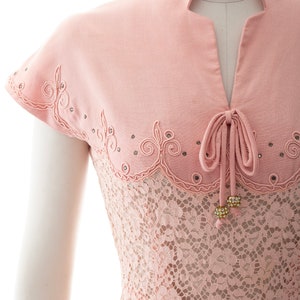Vintage 1950s Dress 50s Rhinestone Soutache Linen Lace Light Pink See Through Fit and Flare Summer Tea Dress small image 6
