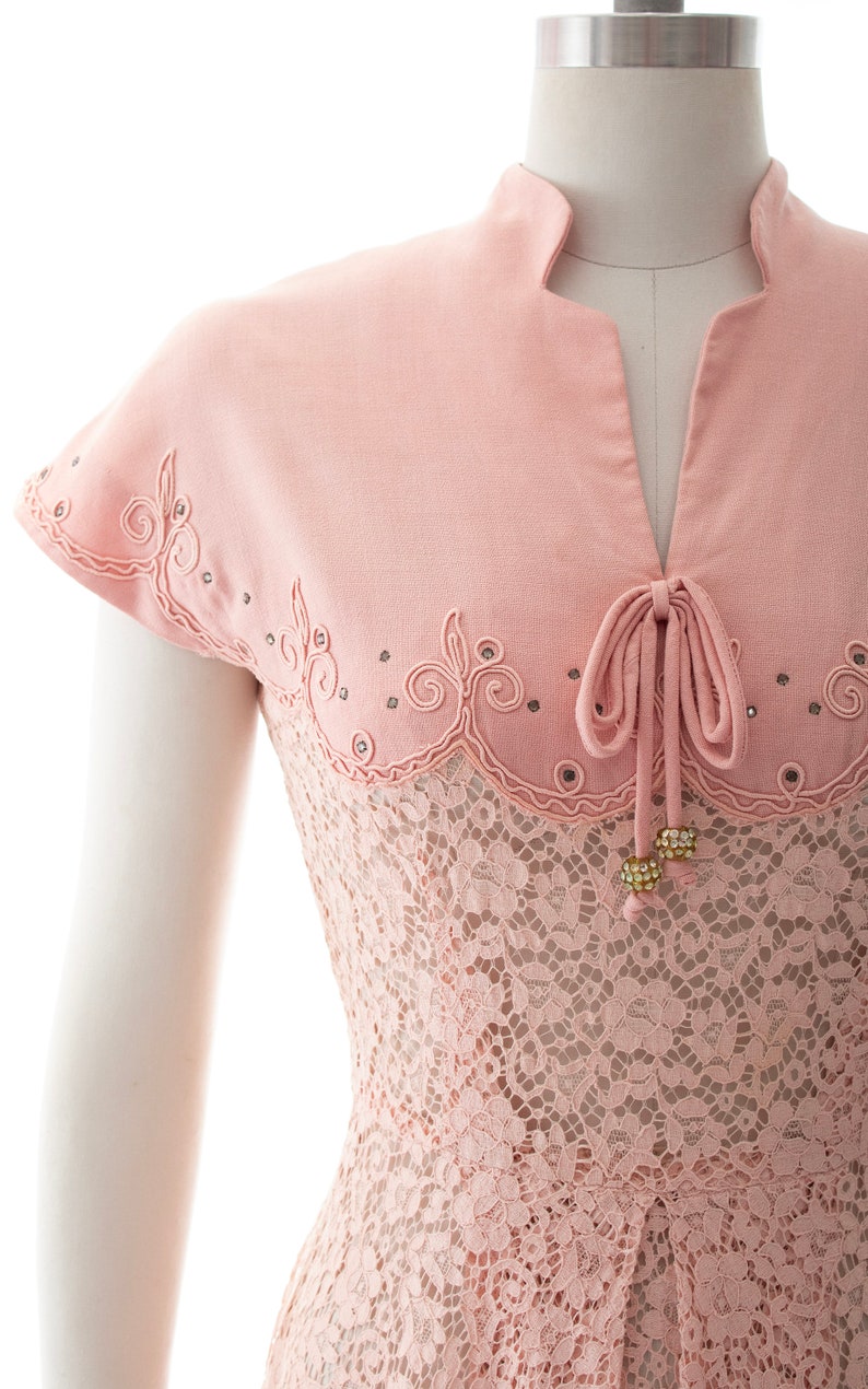 Vintage 1950s Dress 50s Rhinestone Soutache Linen Lace Light Pink See Through Fit and Flare Summer Tea Dress small image 6