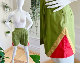 Vintage 1950s Shorts | 50s Color Block Cotton High Waisted Olive Army Green Pin Up Shorts (small)