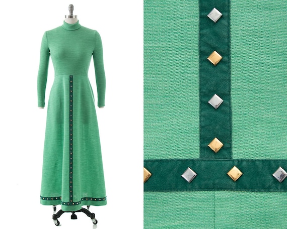 Vintage 1970s Maxi Dress | 70s Metal Studded Knit Green Acrylic Turtleneck Fit and Flare Dress (small/medium)
