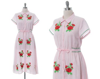 Vintage 1950s Style Shirt Dress | Modern Linen Red Rose Floral Embroidered Light Pink Button Up Fit and Flare Midi Day Dress (large/x-large)