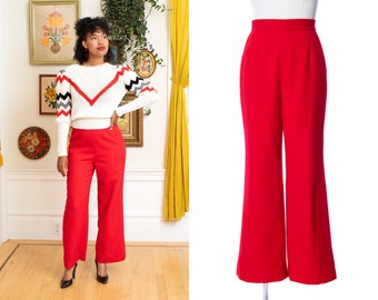 Vintage 1970s Pants | 70s Red Wool High Waisted Flared Trousers (x-small)