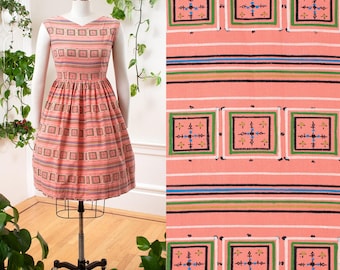 Vintage 1950s Sundress | 50s Atomic Striped Novelty Print Pink Cotton Fit and Flare Summer Day Dress | small