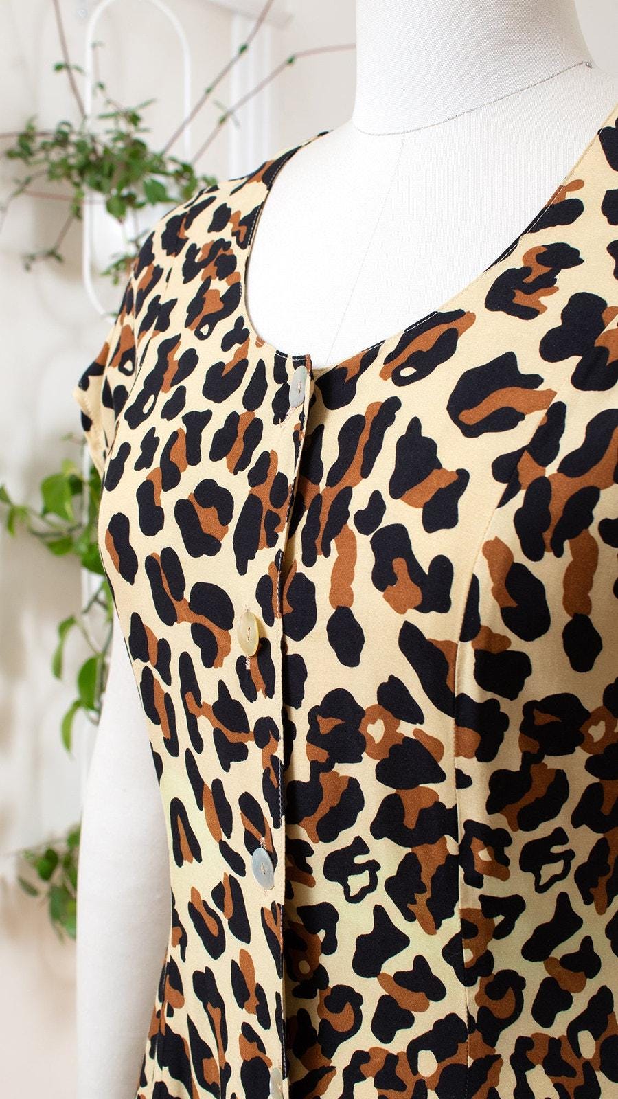Vintage 1990s Shirt Dress | 90s Leopard Animal Print Button Down