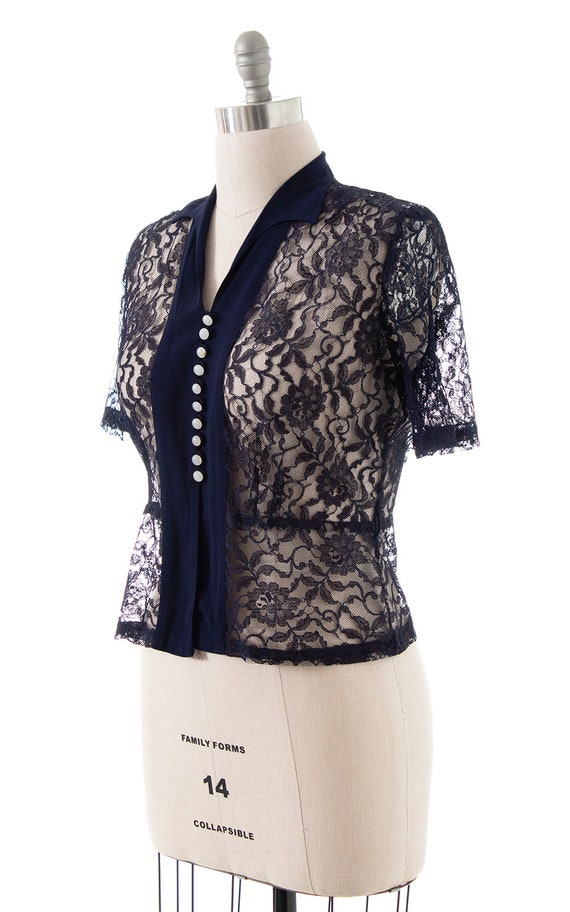 Vintage 1940s Blouse | 40s Navy Blue Sheer Lace R… - image 3